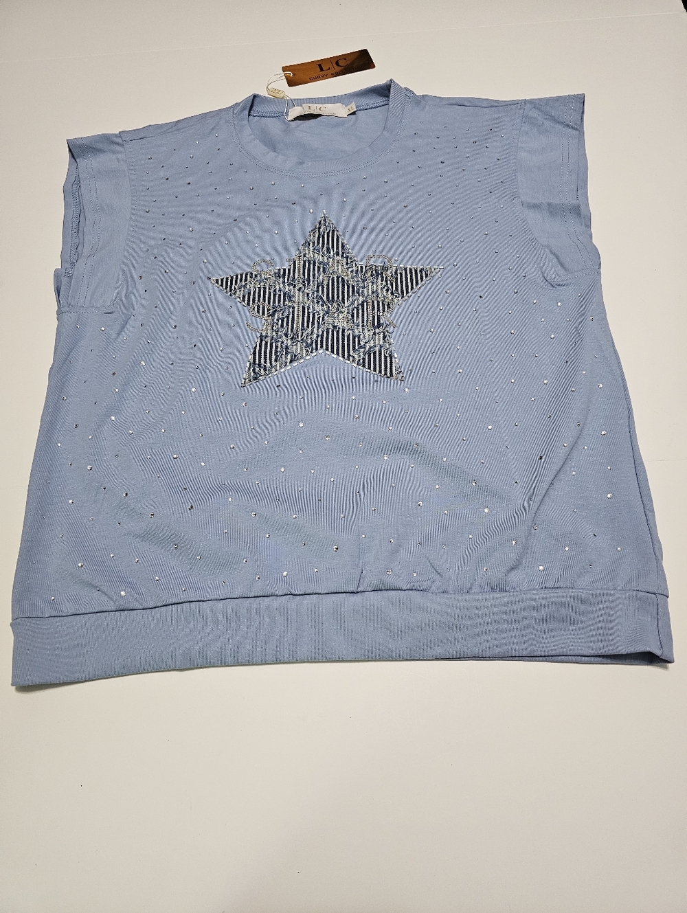 L/C Curvy Collection Women's Star Graphic Rhinestone Blue Top Sz XL